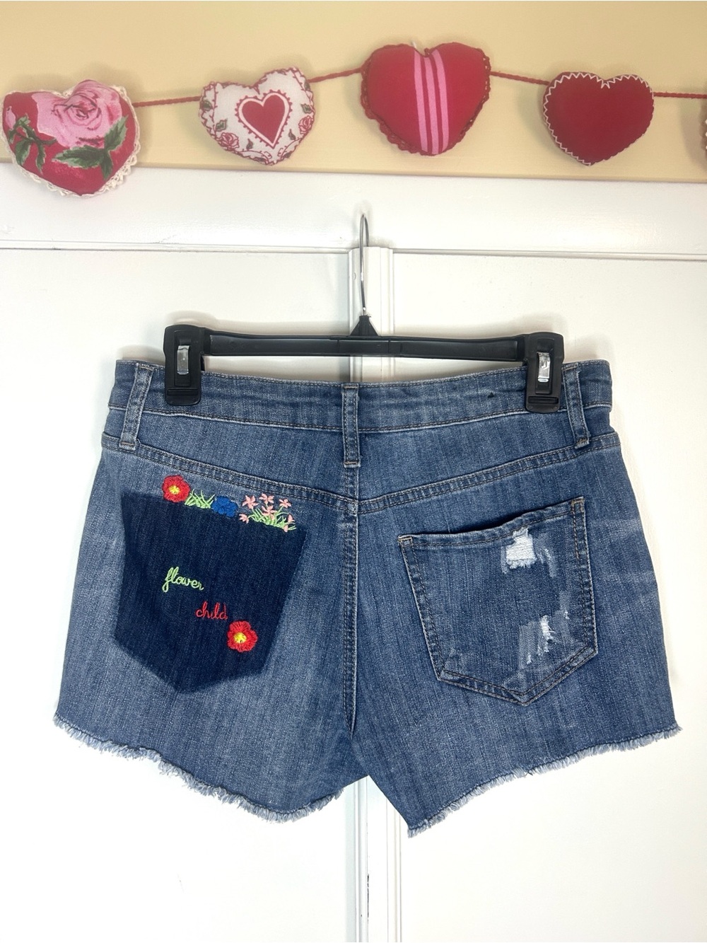 Upcycled Flower Child Embroidered Denim Shorts